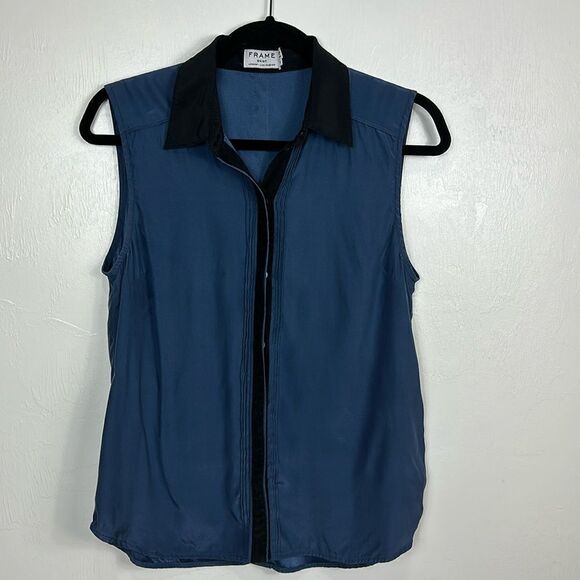 Frame Silk Blue And Black Sleeveless Button Front Blouse Top Size S - Picture 1 of 8